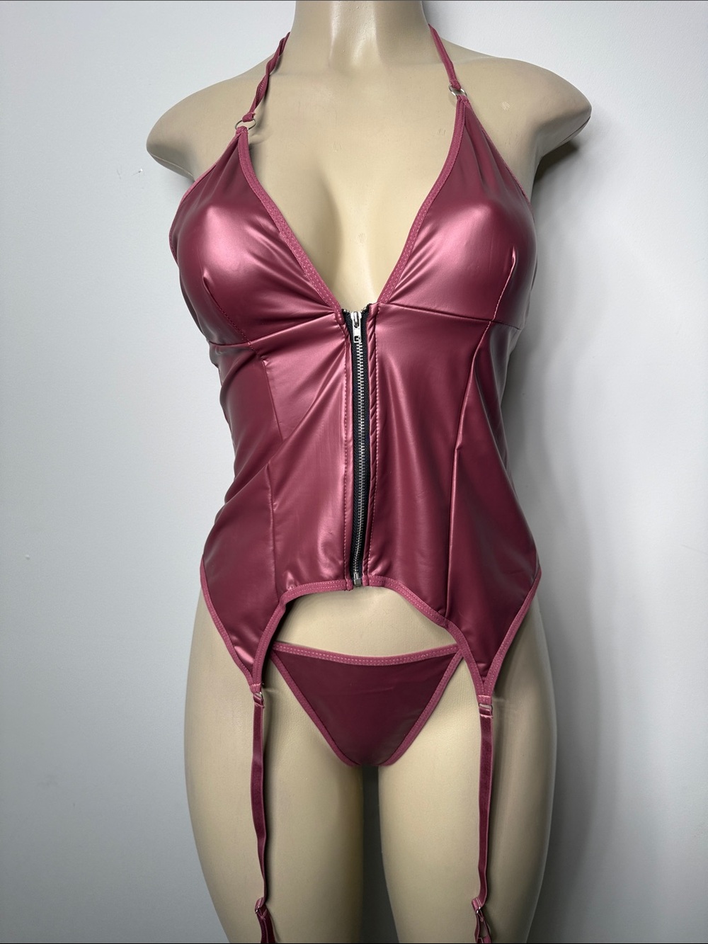 Satin-Look Burgundy Halter Zip Front Corset Top with Garter